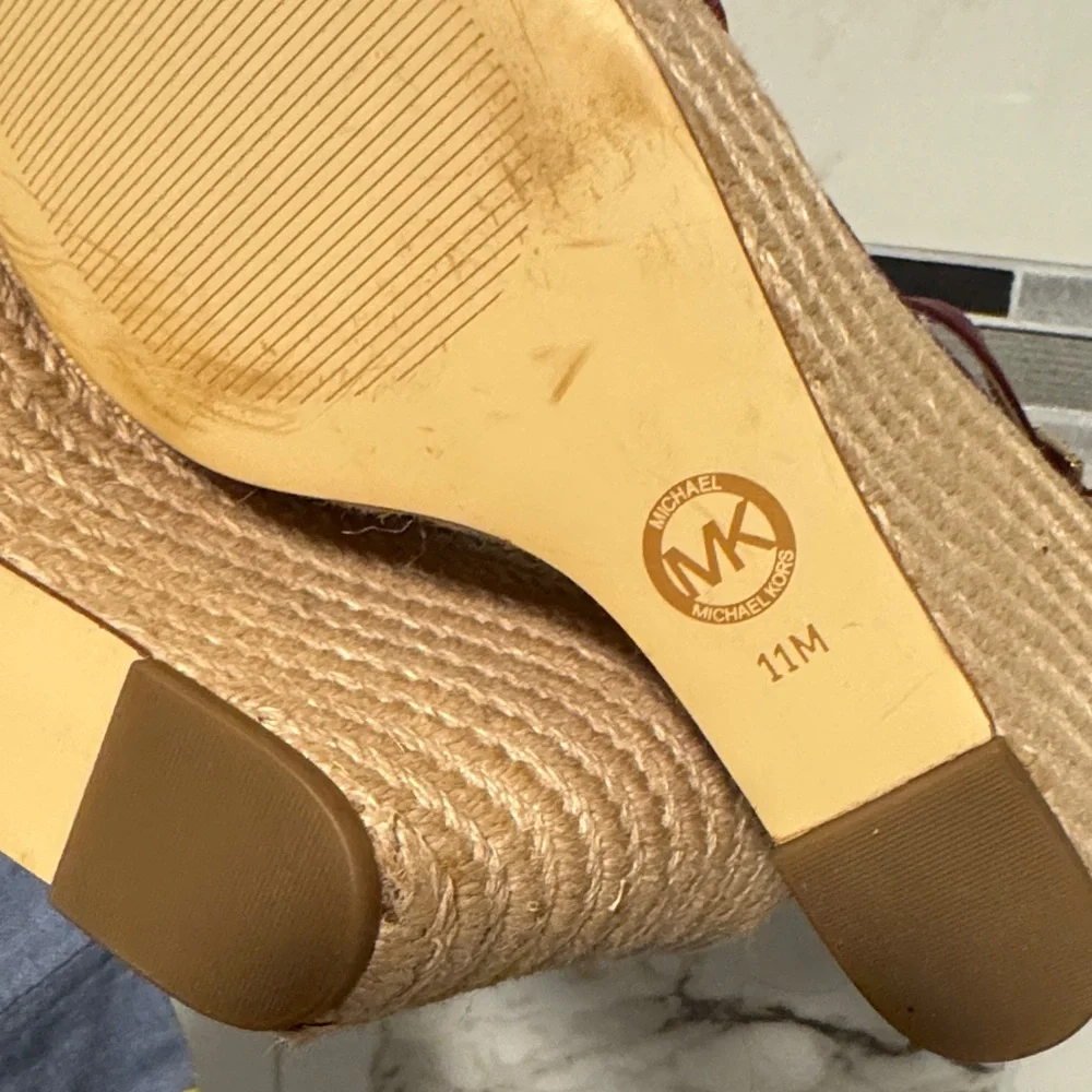 Michael Kors Burgundy and Tan Wedge Sandals - Picture 12 of 16